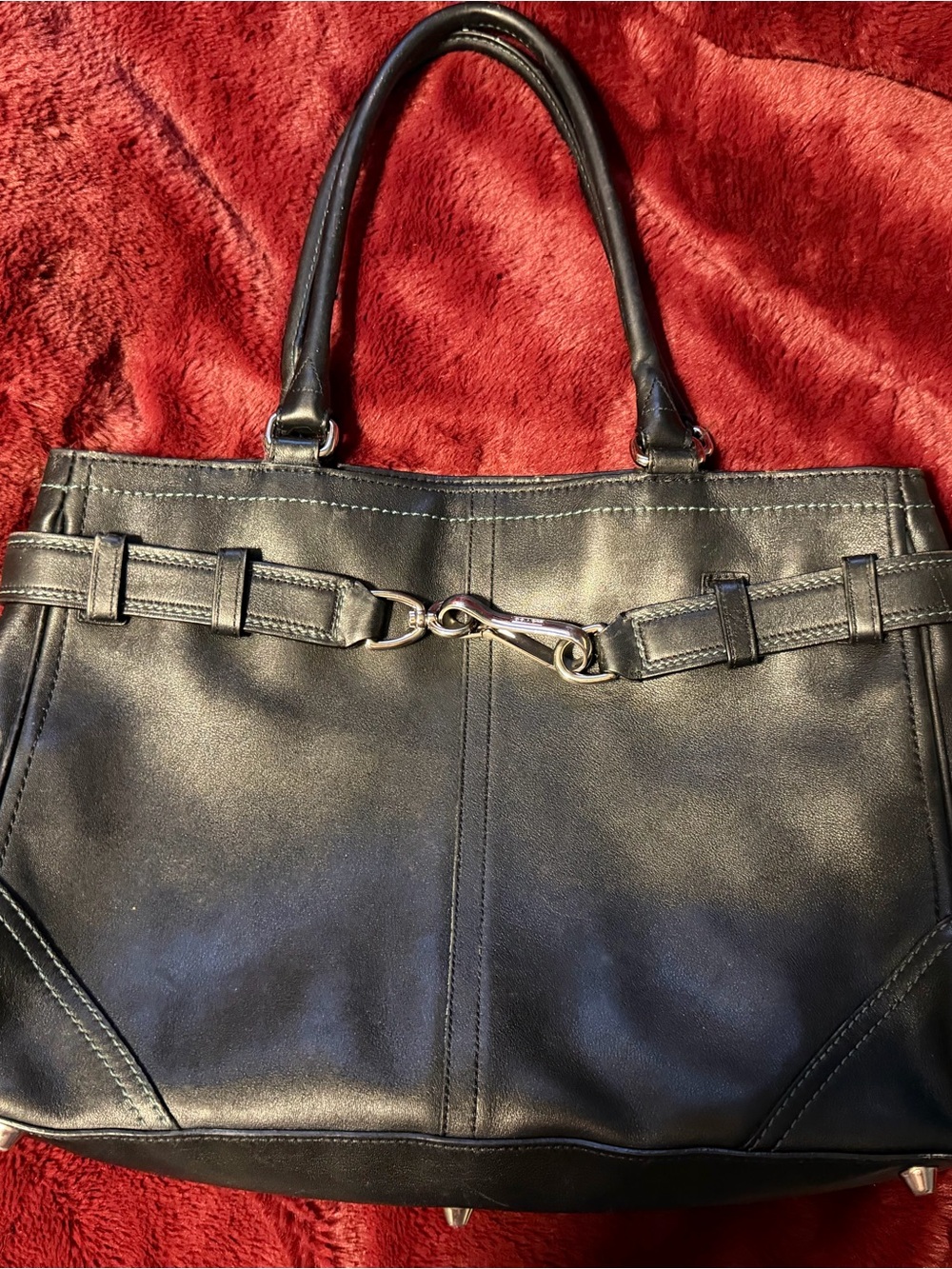 Coach Black Leather Shoulder Tote with Silver Tone Hardware